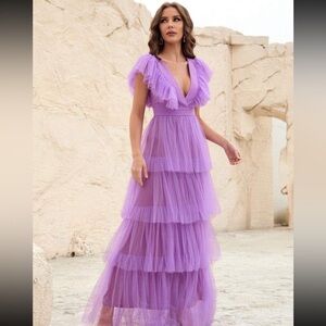 Shein purple Plunging Neck Ruffle Trim Mesh dress